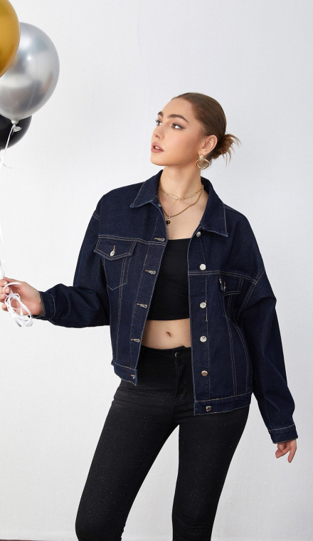 Oversized denim jacket σκούρο μπλε με τσέπες-T833