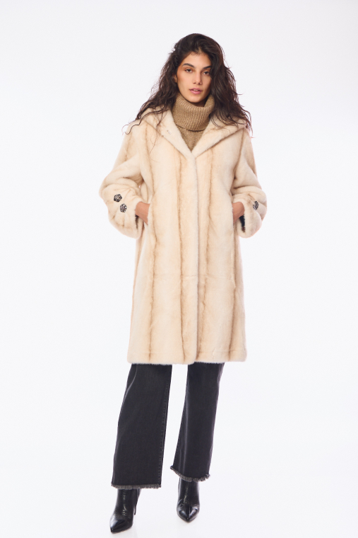 Μακρύ παλτό γούνας faux σε μπεζ απόχρωση-6613W