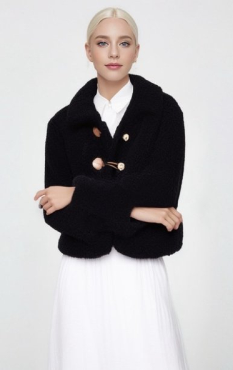 Cropped Mαύρη Ζακέτα Teddy Bear με Διακοσμητικά Κουμπιά-4396Β