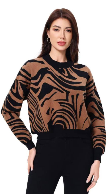 Cropped Πουλόβερ με Animal Print σε Καφέ-Μαύρο-QF9656