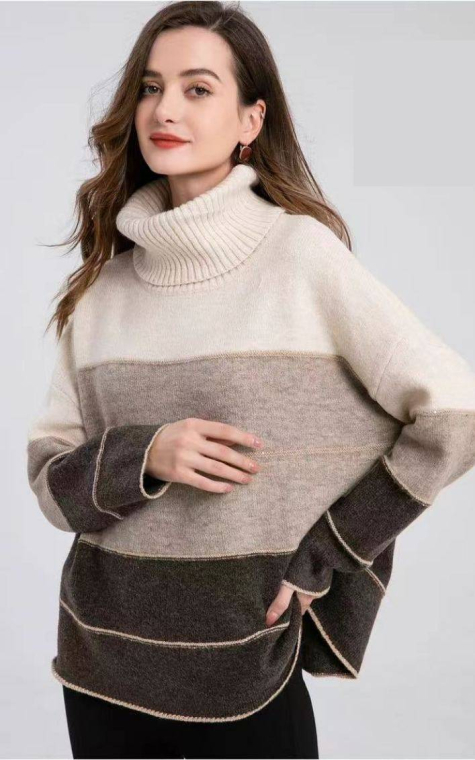 Πουλόβερ Ζιβάγκο Oversized με Color Block & Μεταλλική Λεπτομέρεια – Γήινες Αποχρώσεις-P1218