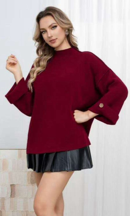 Πλεκτό Πουλόβερ με Ψηλό Λαιμό & Φαρδιά Μανίκια Μπορντό-G6690