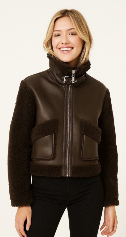 Cropped Μπουφάν Διπλής Όψης με Sherpa & Δερματίνη-4395