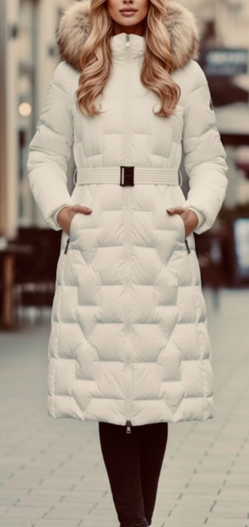 Μπουφάν Puffer Μακρύ με Γεωμετρικό Καπιτονέ, Αποσπώμενη Γούνα & Ζώνη Λευκό-23187