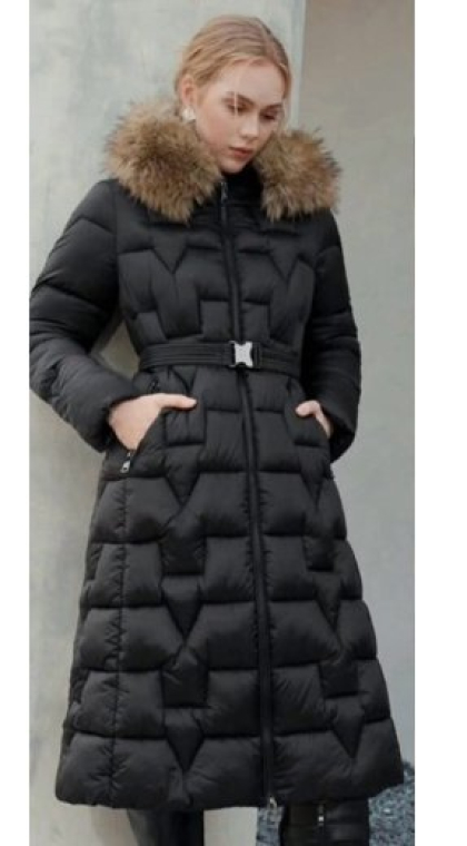 Μπουφάν Puffer Μακρύ με Γεωμετρικό Καπιτονέ, Αποσπώμενη Γούνα & Ζώνη Mαύρο-23187B