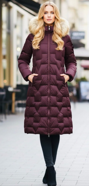 Μπουφάν Puffer Μακρύ με Γεωμετρικό Καπιτονέ, Αποσπώμενη Γούνα & Ζώνη Μπορντώ-23187Δ