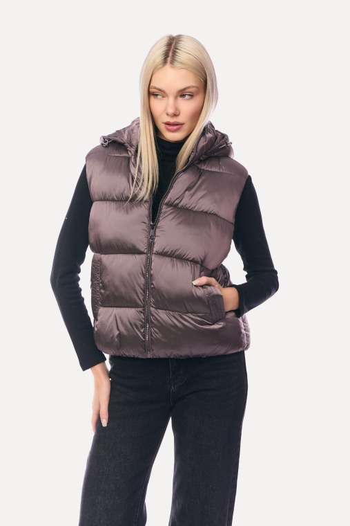 Μωβ αμάνικο καπιτονέ μπουφάν με κουκούλα-4338B