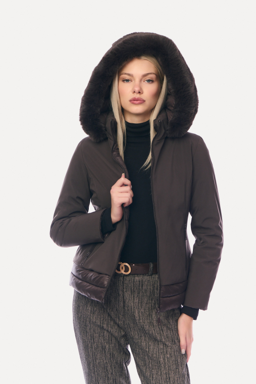 Μπουφάν Κοντό Διπλής Όψης με Αποσπώμενη Γούνα & Κουκούλα Καφέ-8158