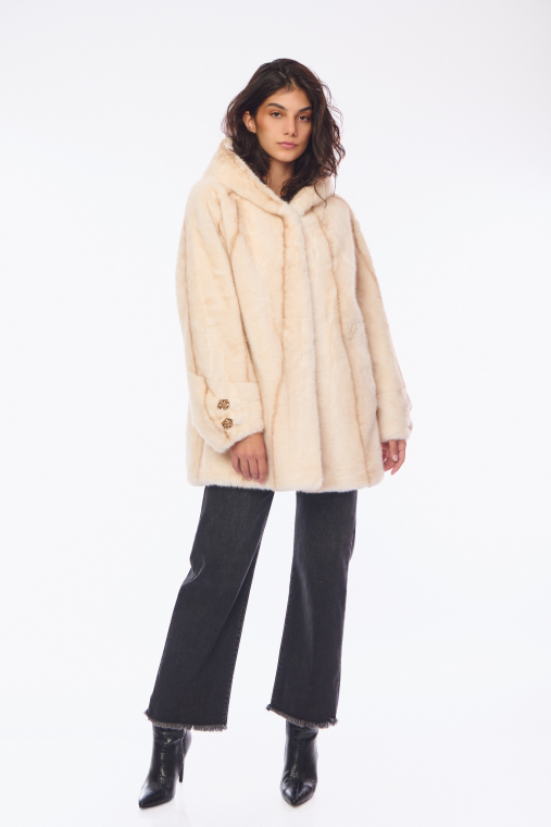Κοντό Παλτό Οικολογική Γούνα Oversized με Κουκούλα Μπεζ-4421