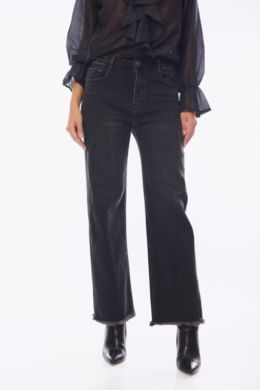 Τζιν Παντελόνι Ψηλόμεσο Wide Leg με Τραχύ Τελείωμα Μαύρο-1278