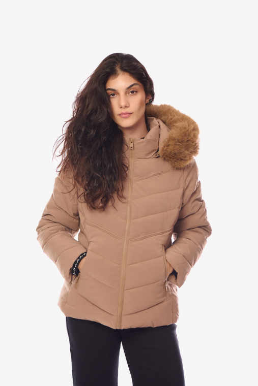 Κοντό Puffer Μπουφάν με Καπιτονέ Ραφές & Αποσπώμενη Γούνα Μπεζ-413.22