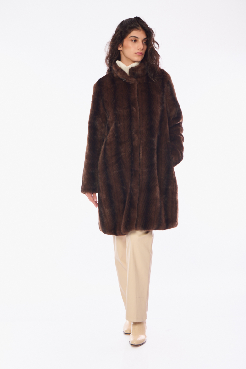 Μακρύ Παλτό από Λεία Οικολογική Γούνα με Όρθιο Γιακά Καφέ-26330