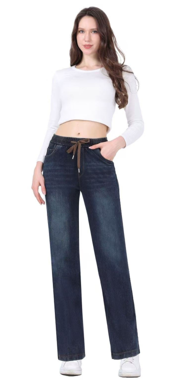 Loose Fit Τζιν Παντελόνι με Λάστιχο στη Μέση & Επένδυση Μπουρνουζέ-S8883