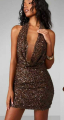 Mini Φόρεμα Halter-Neck με Βαθύ Ντεκολτέ, Πάγιέτες & Ανοιχτή Πλάτη Σκούρο Καφέ-FS57528
