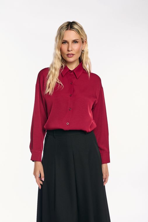 Σατέν Κόκκινο Πουκάμισο με Στρογγυλό Τελείωμα, Μανίκια με Σούρες και Πλαϊνά Σκισίματα-4441