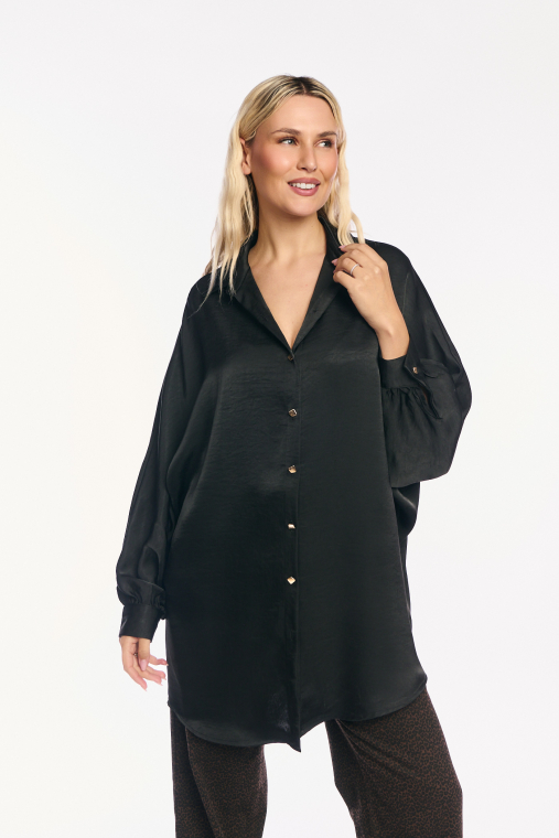 Μαύρη Σατέν Πουκαμίσα Oversized με Μακριά Γραμμή και Χρυσά Κουμπιά-PF01