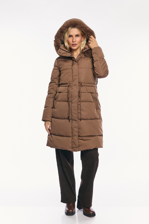 Μακρύ Μπουφάν Καπιτονέ με Κουκούλα, Ελαστική Ρυθμιζόμενη Μέση και Γούνινο Τελείωμα – Χρώμα Καφέ-26283