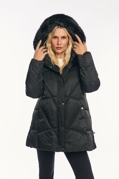 Μπουφάν Καπιτονέ Μεσαίου Μήκους με Κουκούλα και Γούνινο Τελείωμα Μαύρο-A26279B