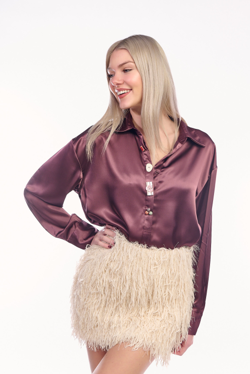Πουκαμίσα Oversized από Σατέν Ύφασμα με Μακρύ Μανίκι και Διακοσμητικά Κουμπιά – Χρώμα Μωβ-A381