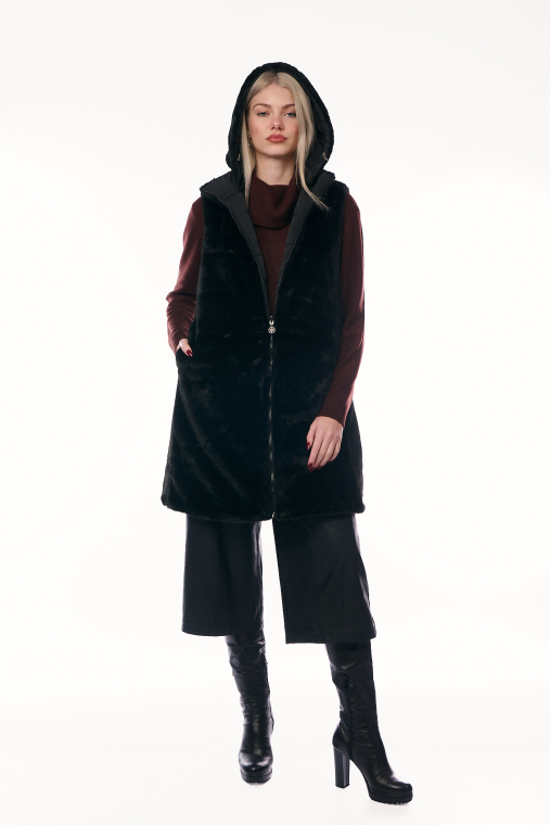 Μακρύ Αμάνικο Μπουφάν Διπλής Όψης Καπιτονέ με Κουκούλα και Φερμουάρ – Χρώμα Μαύρο-A2409