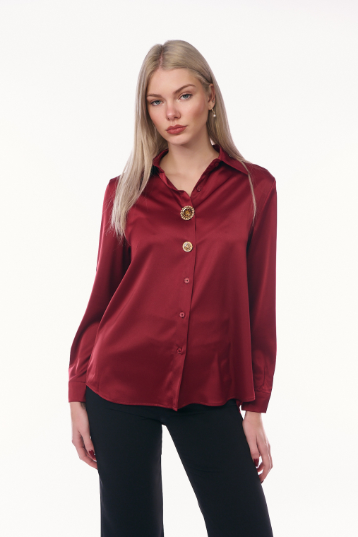 Σατέν Κόκκινο Πουκάμισο με Μακριά Μανίκια και Διακοσμητικά Μεγάλα Κουμπιά με Στρας-8237B