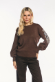 Πλεκτό Πουλόβερ Crew Neck με Διακοσμητική Παγιέτα/Κέντημα στα Μανίκι Καφέ-AC19562B