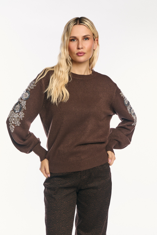 Πλεκτό Πουλόβερ Crew Neck με Διακοσμητική Παγιέτα/Κέντημα στα Μανίκι Καφέ-AC19562B