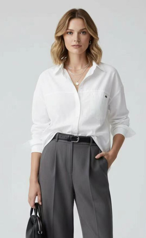 Λευκό Βαμβακερό Πουκάμισο σε Oversized Γραμμή με Τσέπη στο Στήθος-NP602