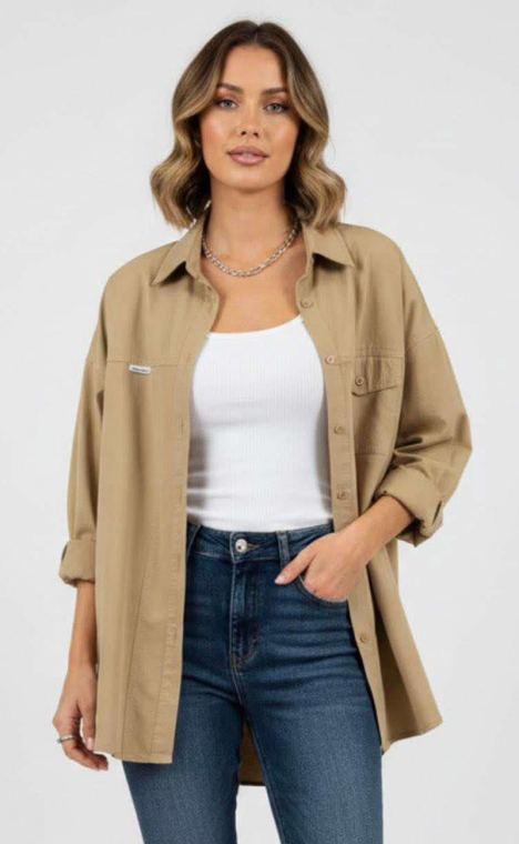 Γυναικείο Oversized Πουκάμισο με Τσέπη στο Στήθος – Χρώμα Μπεζ-NP601