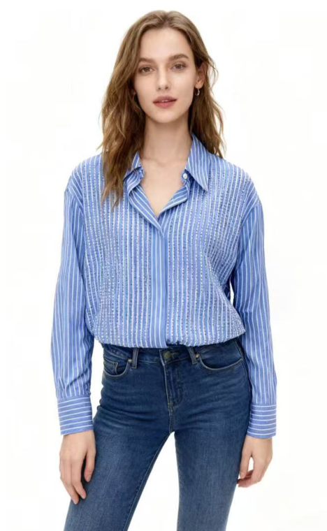 Γαλάζιο Ριγέ Πουκάμισο με Κάθετες Σειρές από Στρας και Κλασικό Γιακά-CR2321