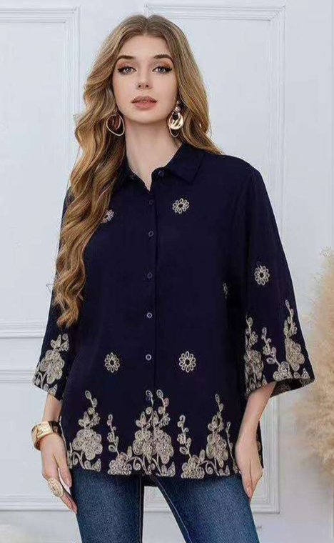 Μπλε Σκούρο Πουκάμισο με Ανάγλυφα Floral Κεντήματα και 3/4 Μανίκια-DJ303