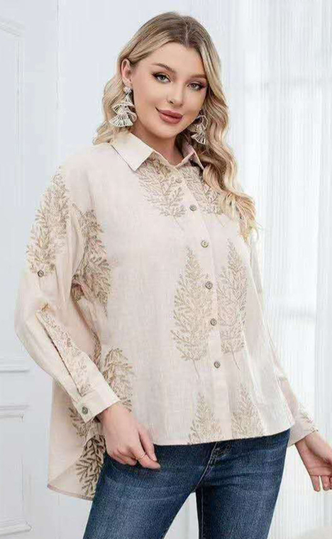 Μπεζ Λινό Πουκάμισο με Ανάγλυφα Floral Κεντήματα και Ασύμμετρο Τελείωμα-DJ189