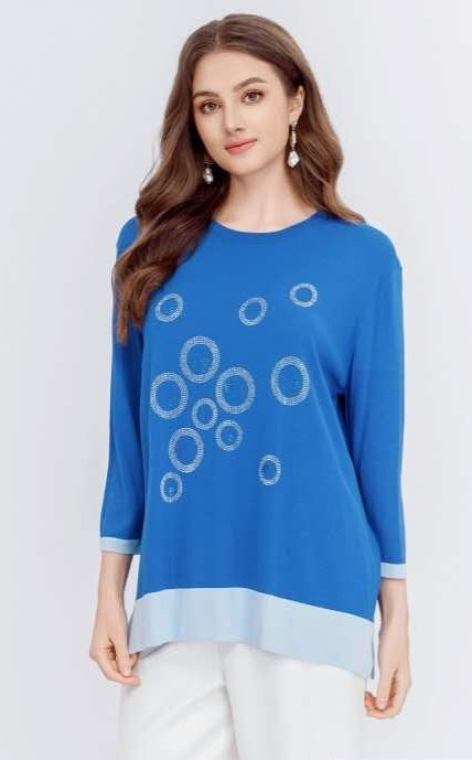 Γυναικεία Μπλε Μπλούζα με Σχέδια Κύκλων από Στρας, Στρογγυλή Λαιμόκοψη και Δίχρωμες Λεπτομέρειες-F0155