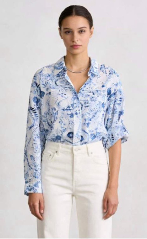 Γυναικείο Λευκό Πουκάμισο με Μπλε Floral και Λαχούρ Σχέδια σε Άνετη Γραμμή-CR2526