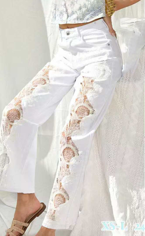 Γυναικείο Ψηλόμεσο Λευκό Τζιν Παντελόνι Wide-Leg με Εντυπωσιακά Ανοίγματα και Δαντέλα-T924