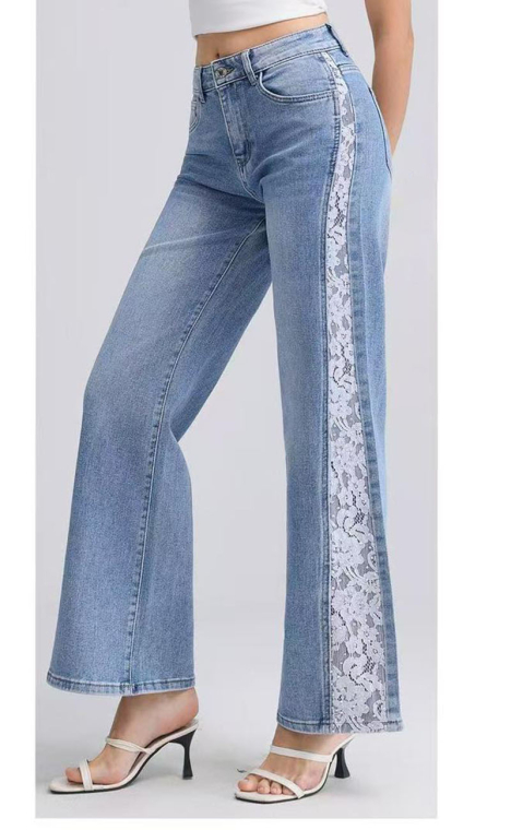 υναικείο Ψηλόμεσο Τζιν Παντελόνι σε Γραμμή Καμπάνα με Πλευρική Φλάσα από Λευκή Δαντέλα-H3837