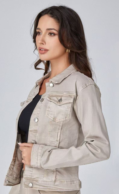 Γυναικείο Τζιν Μπουφάν σε Μπεζ-Grey Απόχρωση με Μεταλλικά Κουμπιά και Τσέπες-K6686-4