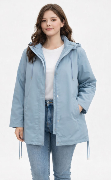 Γυναικείο Αντιανεμικό Μπουφάν σε Σιέλ Απόχρωση με Κουκούλα και Ρυθμιζόμενο Κορδόνι-A26357