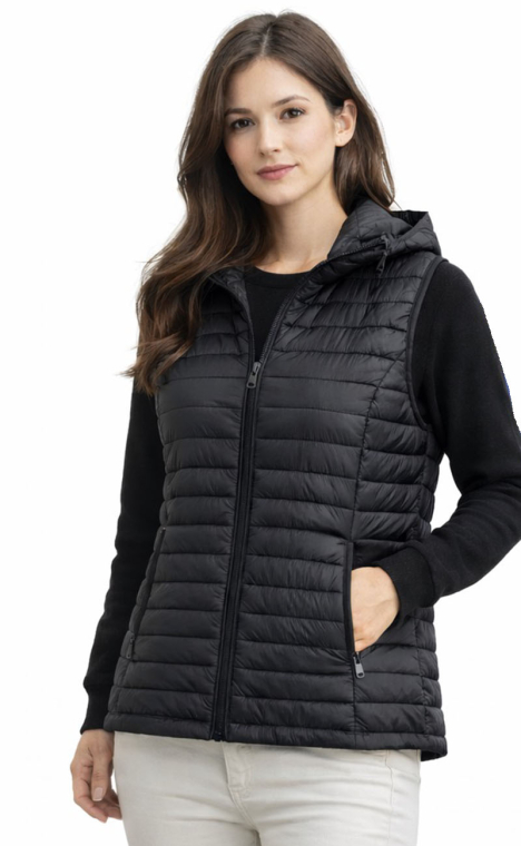 Γυναικείο Αμάνικο Καπιτονέ Μπουφάν με Κουκούλα και Slim-Fit Γραμμή σε Μαύρο Χρώμα-2891