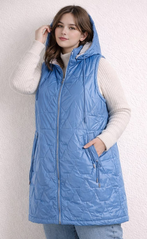 Γυναικείο Μακρύ Αμάνικο Καπιτονέ Μπουφάν σε Σιέλ Χρώμα με Κουκούλα και Κορδόνι Σύσφιξης-A26353