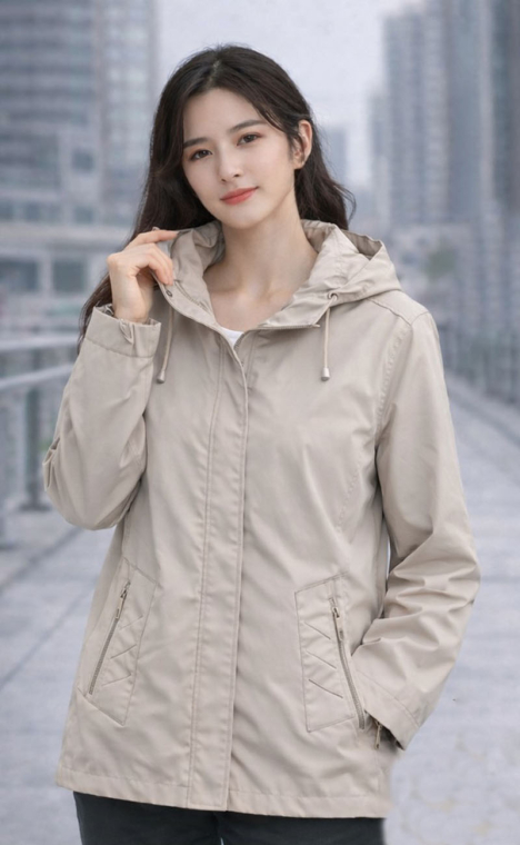 Γυναικείο Αντιανεμικό Μπουφάν σε Μπεζ Χρώμα με Κουκούλα και Διακοσμητικές Ραφές στις Τσέπες-VB13