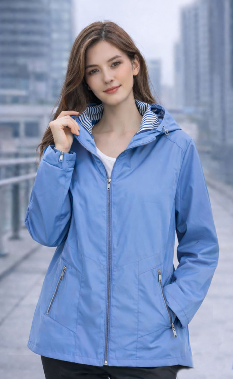 Γυναικείο Αντιανεμικό Μπουφάν σε Σιέλ Απόχρωση με Κουκούλα και Εσωτερική Ριγέ Λεπτομέρεια-A2681