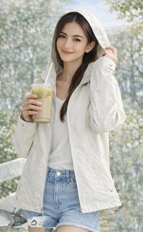 Γυναικείο Ελαφρύ Αντιανεμικό Μπουφάν σε Λευκό Χρώμα με Κουκούλα και Λεπτομέρειες στα Μανίκια-2367