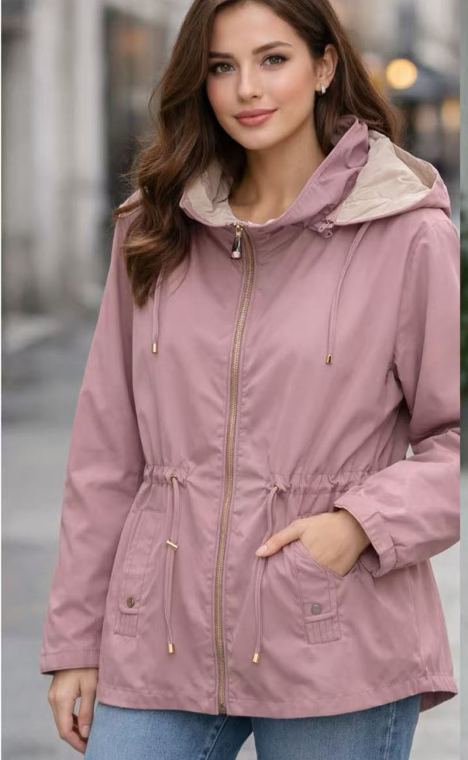 Γυναικείο Αντιανεμικό Μπουφάν σε Dusty Pink Απόχρωση με Κουκούλα και Κορδόνι Σύσφιξης στη Μέση-AD02
