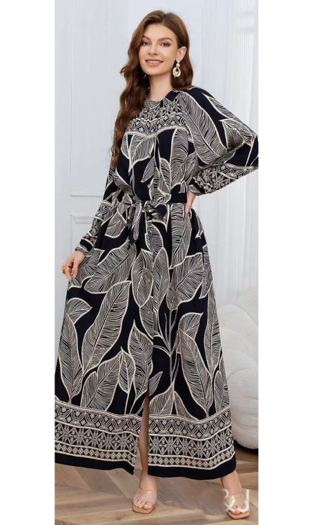 Γυναικείο Maxi Shirt Dress σε Μαύρο Χρώμα με Ethnic Φύλλα και Ζώνη στη Μέση-DJ275