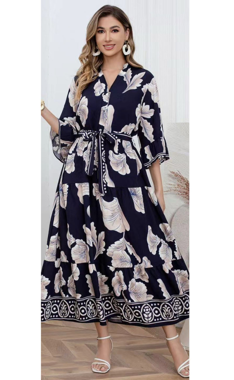 Γυναικείο Midi Φόρεμα σε Μπλε Σκούρο Χρώμα με Floral Μοτίβο, Βολάν στα Μανίκια και Ζώνη-DJ213