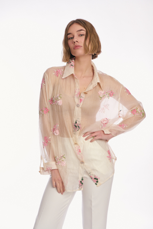 Γυναικείο Διάφανο Πουκάμισο με Floral Κεντήματα και Jewel Buttons σε Ivory-4460