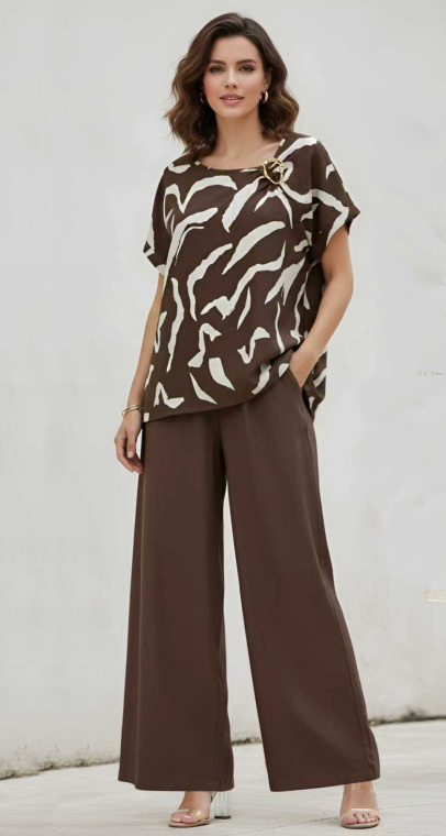 Γυναικείο Σετ με Μπλούζα με Σχέδια και Παντελόνα σε Φαρδιά Γραμμή - Καφέ-FG-6193