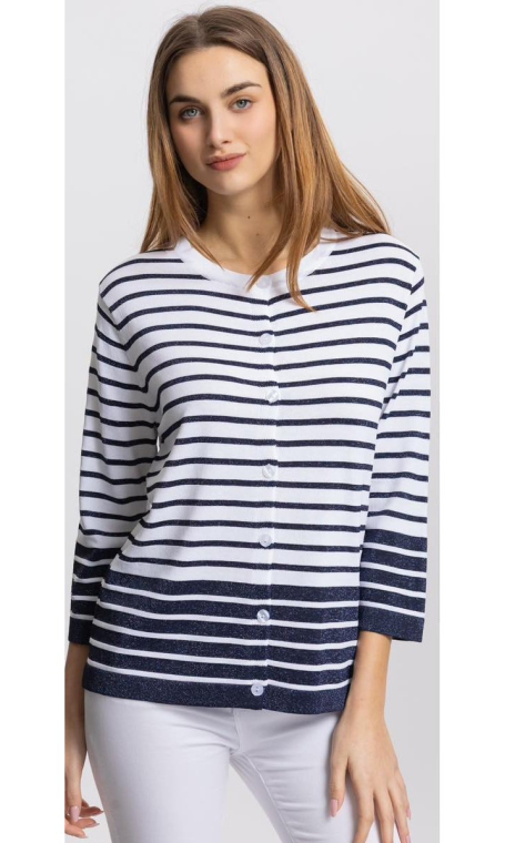 Γυναικεία Πλεκτή Ζακέτα Μαρινιέρα με Λεπτές Ρίγες και Διακριτική Λάμψη - Λευκό/Μπλε-71530