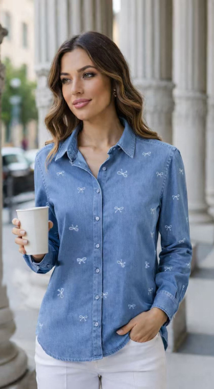 Γυναικείο Τζιν Πουκάμισο σε Απαλό Μπλε με Λευκούς Κεντημένους Φιόγκους-8674